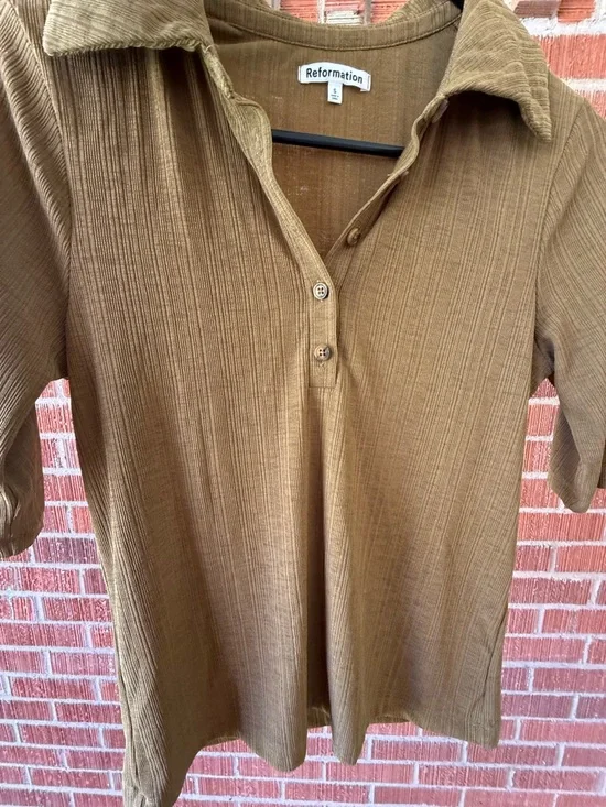 Reformation Carmel brown polo blouse top - Picture 2 of 4